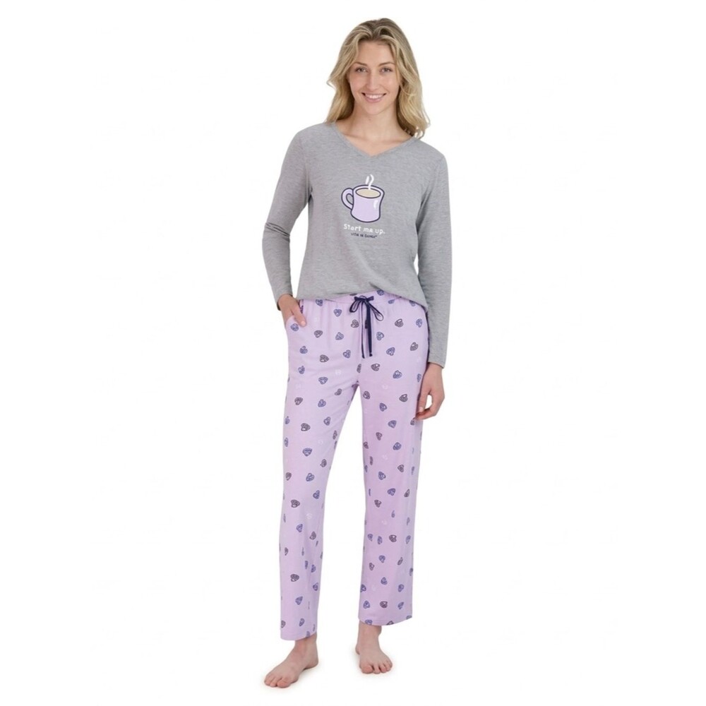 Life is Good Sleep Pajama Pants Size Small Coffee Mug Novelty Print Lilac